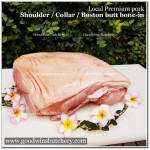 Pork Collar Boston-Butt Kapsim SHOULDER BONEIN SKIN ON SQUARE CUT frozen Local Premium WHOLE CUT 5-7kg (price/kg) PREORDER 3-7 days notice